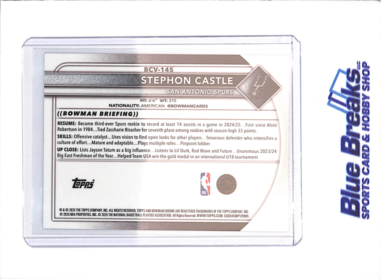 2025-26 Bowman Chrome Sapphire - Stephon Castle - San Antonio Spurs - Basketball - #BCV-145