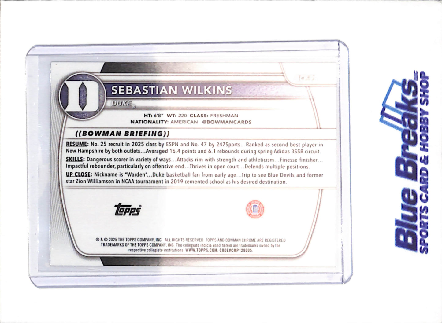 2025-26 Bowman U Chrome Sapphire - Sebastian Wilkins - 1st Bowman Gold - 18/50 - Duke - Basketball - #BCP-99