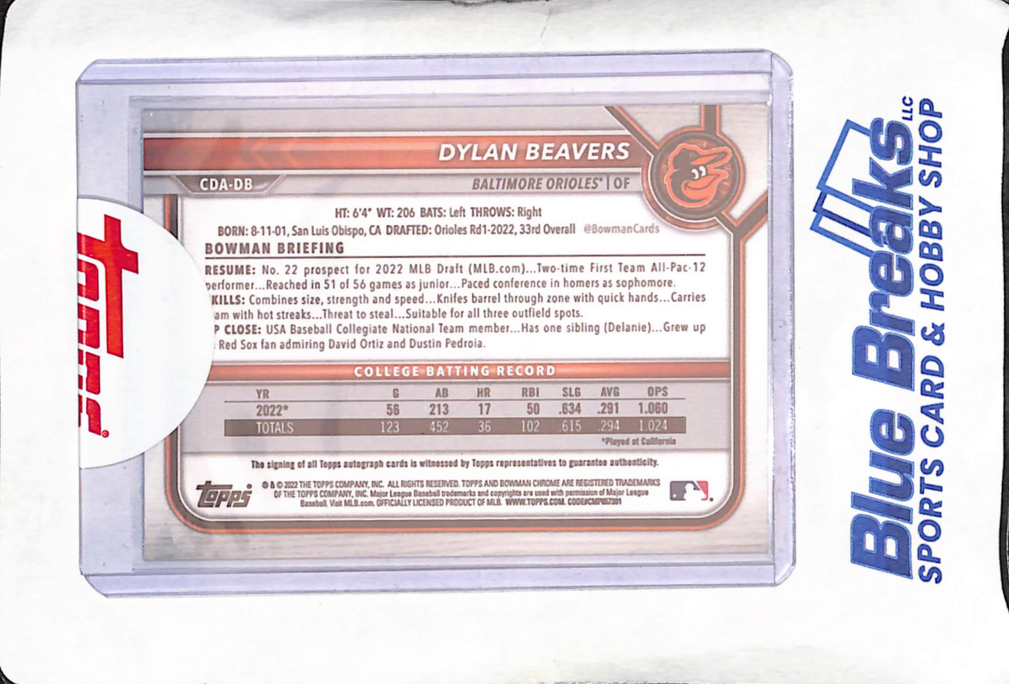 2022 Bowman Chrome Draft - Dylan Beavers - 1st Bowman Blue Autograph - 36/150 - Baltimore Orioles - Baseball - #CDA-DB