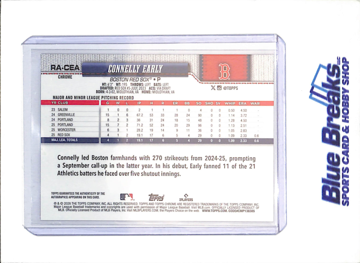 2026 Topps Chrome - Connelly Early - 9/25 - Autograph - RC - Boston Red Sox - Baseball - #RA-CEA