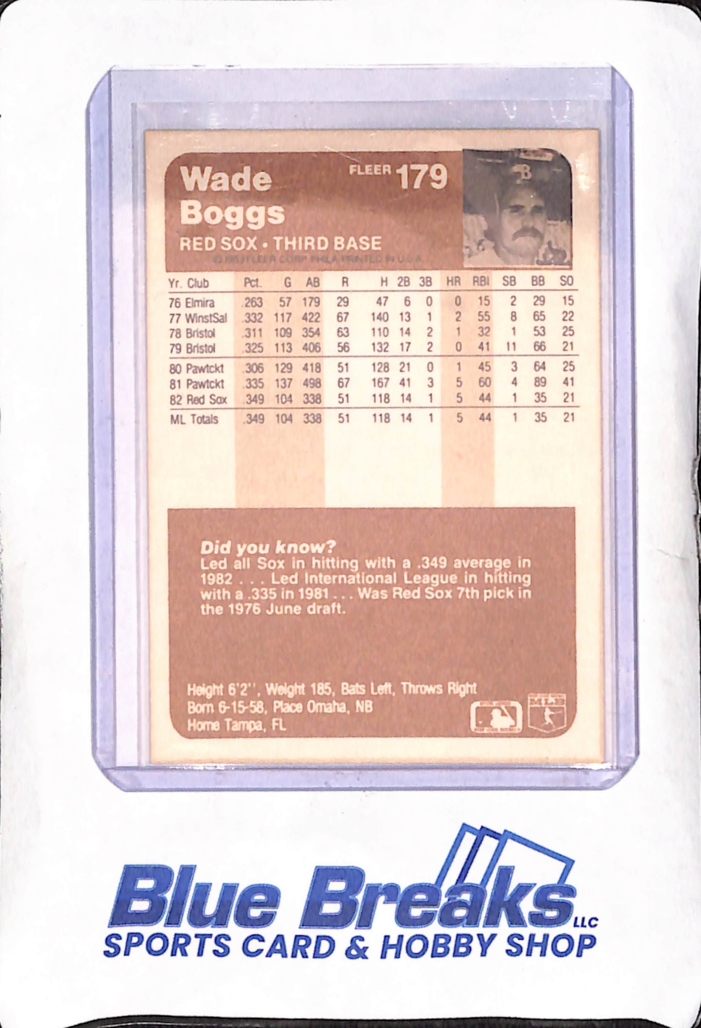 1983 Fleer - Wade Boggs - RC - Red Sox - Baseball - #179