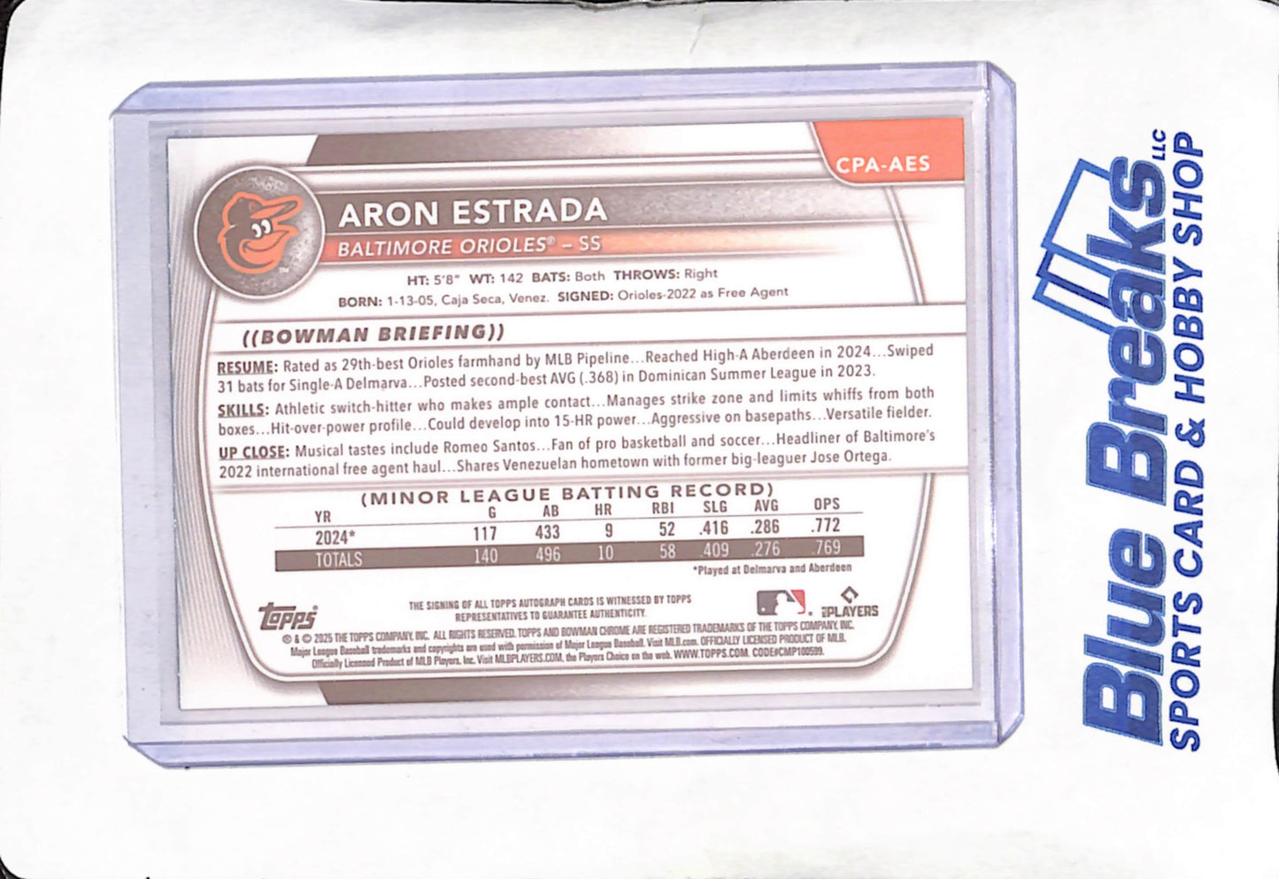 2025 Bowman Chrome - Aron Estrada - 1st Bowman Gold Autograph - 5/50 - Baltimore Orioles - Baseball - #CPA-AES