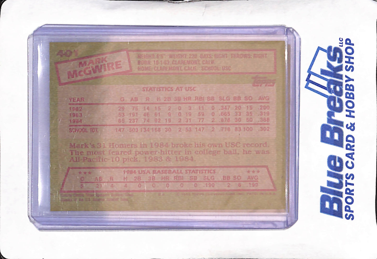 1985 Topps - Mark Mcgwire - 1984 United States Baseball Team - Baseball - #401