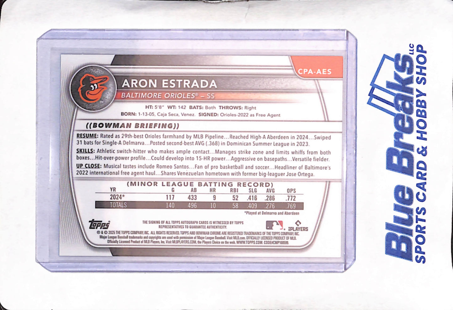 2025 Bowman Chrome - Aron Estrada - 1st Bowman Autograph - Baltimore Orioles - #CPA-AES