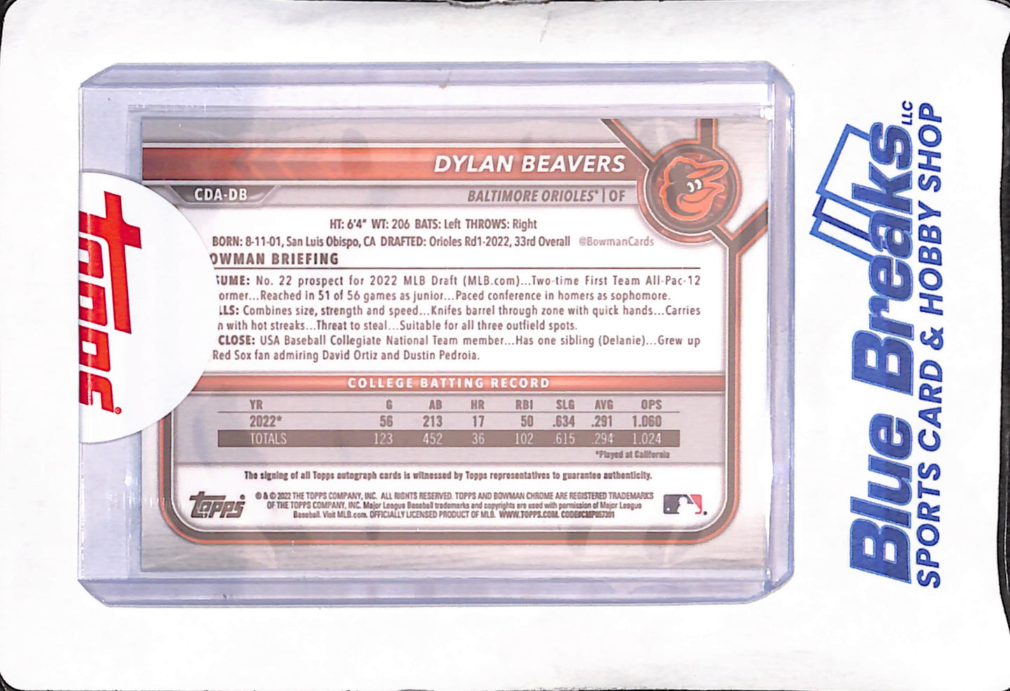 2022 Bowman Chrome - Dylan Beavers - 1st Bowman Autograph - Baltimore Orioles - Baseball - #CDA-DB