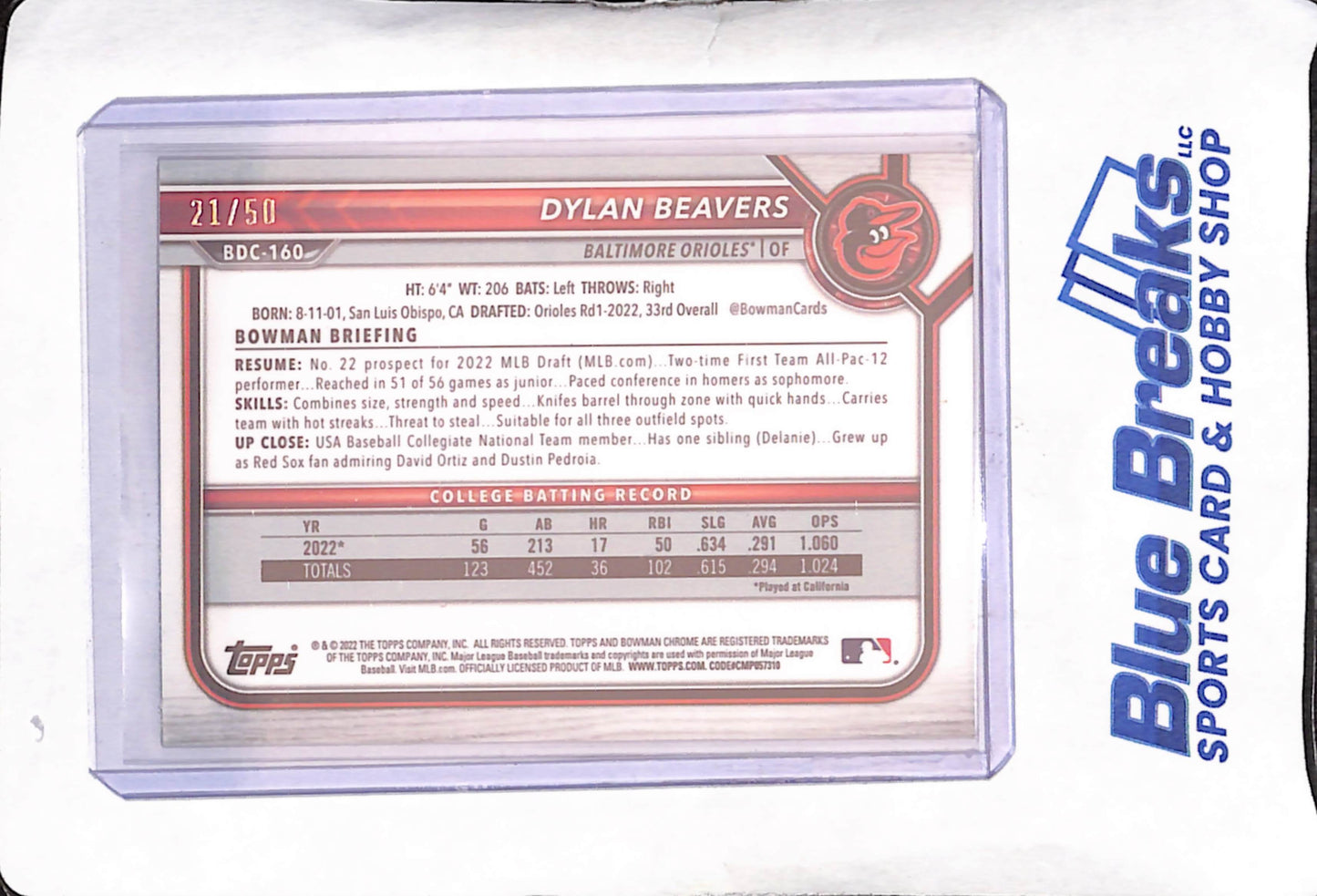 2022 Bowman Chrome - Dylan Beavers - 1st Bowman Gold - 21/50 - Baltimore Orioles - Baseball - #BDC-160