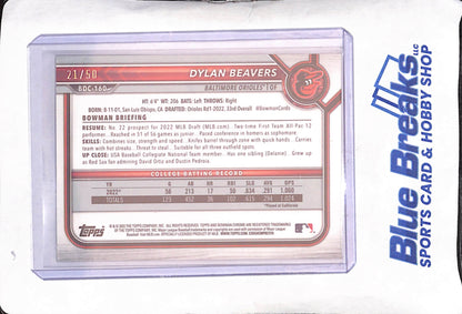 2022 Bowman Chrome - Dylan Beavers - 1st Bowman Gold - 21/50 - Baltimore Orioles - Baseball - #BDC-160