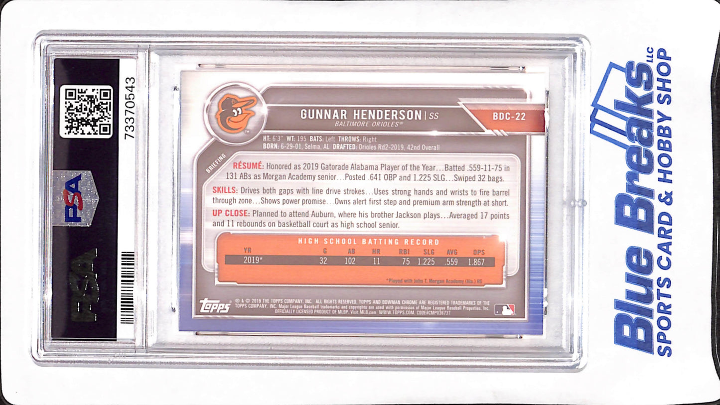 2019 Bowman Draft Chrome - Gunnar Henderson - 1st Bowman - Baltimore Orioles - Baseball - PSA 10 - #BDC22