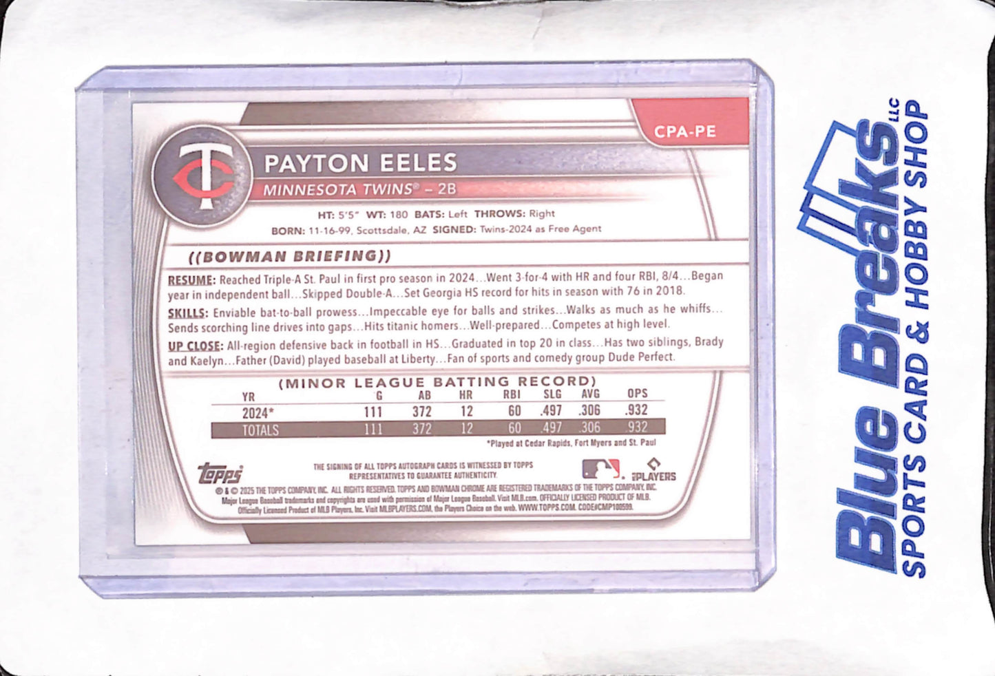 2025 Bowman Chrome - Payton Eeles - 1st Bowman Autograph - Minnesota Twins - Baseball - #CPA-PAE