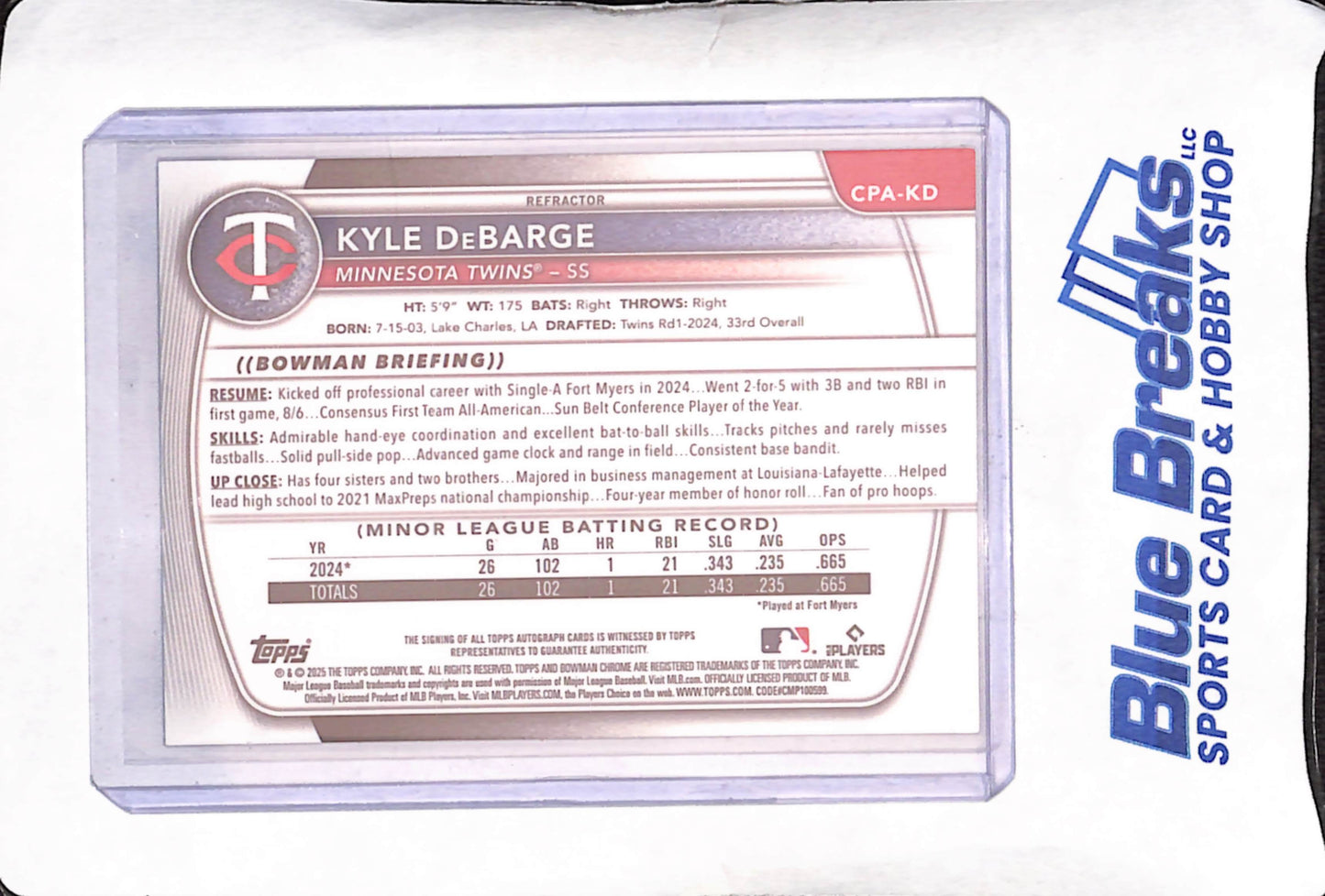 2025 Bowman Chrome - Kyle DeBarge - 1st Bowman Refractor - Autograph - 351/499 - Minnesota Twins - Baseball - #CPA-KD