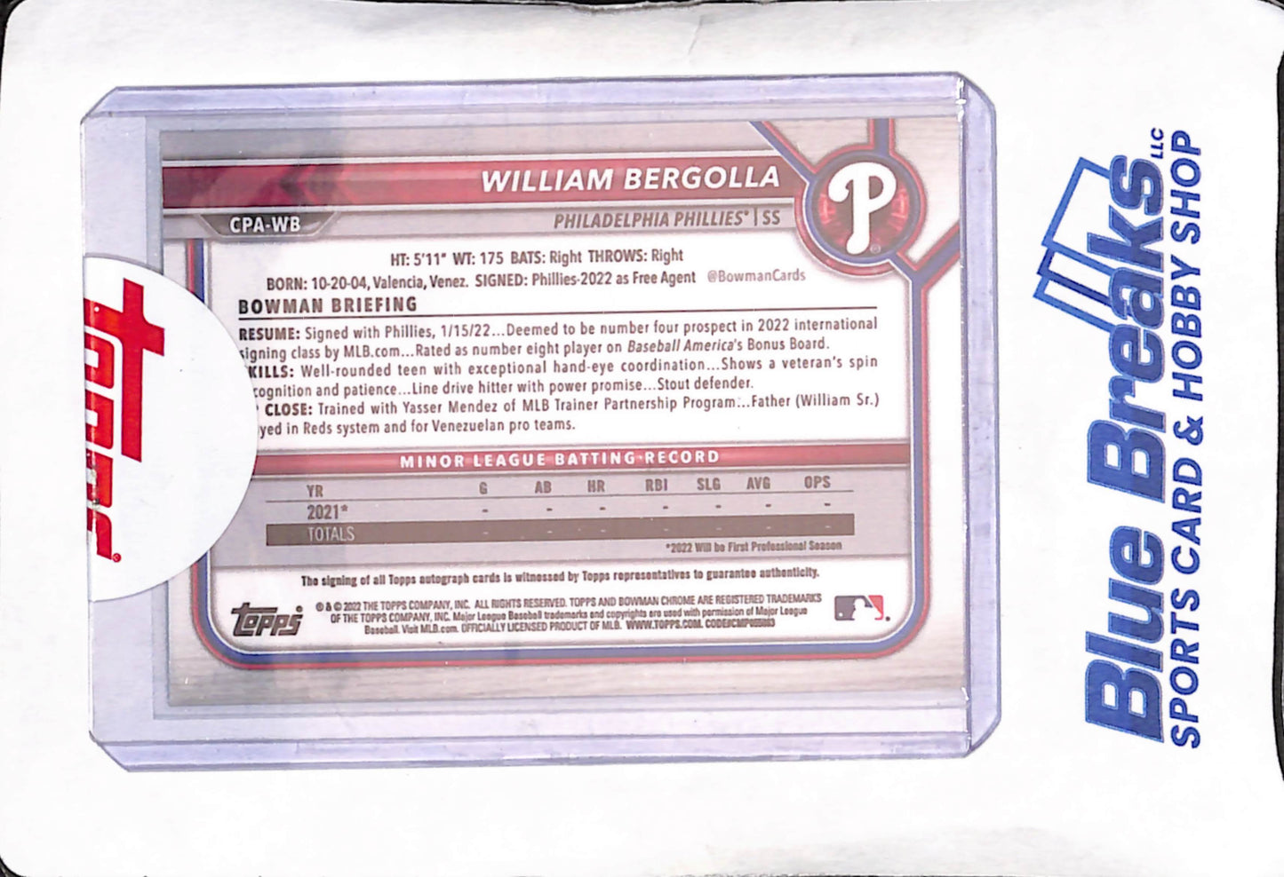 2022 Bowman Chrome Sapphire - William Bergolla - Green Bowman 1st - Autograph - 86/99 - Philadelphia Phillies - Baseball - #CPA-WB
