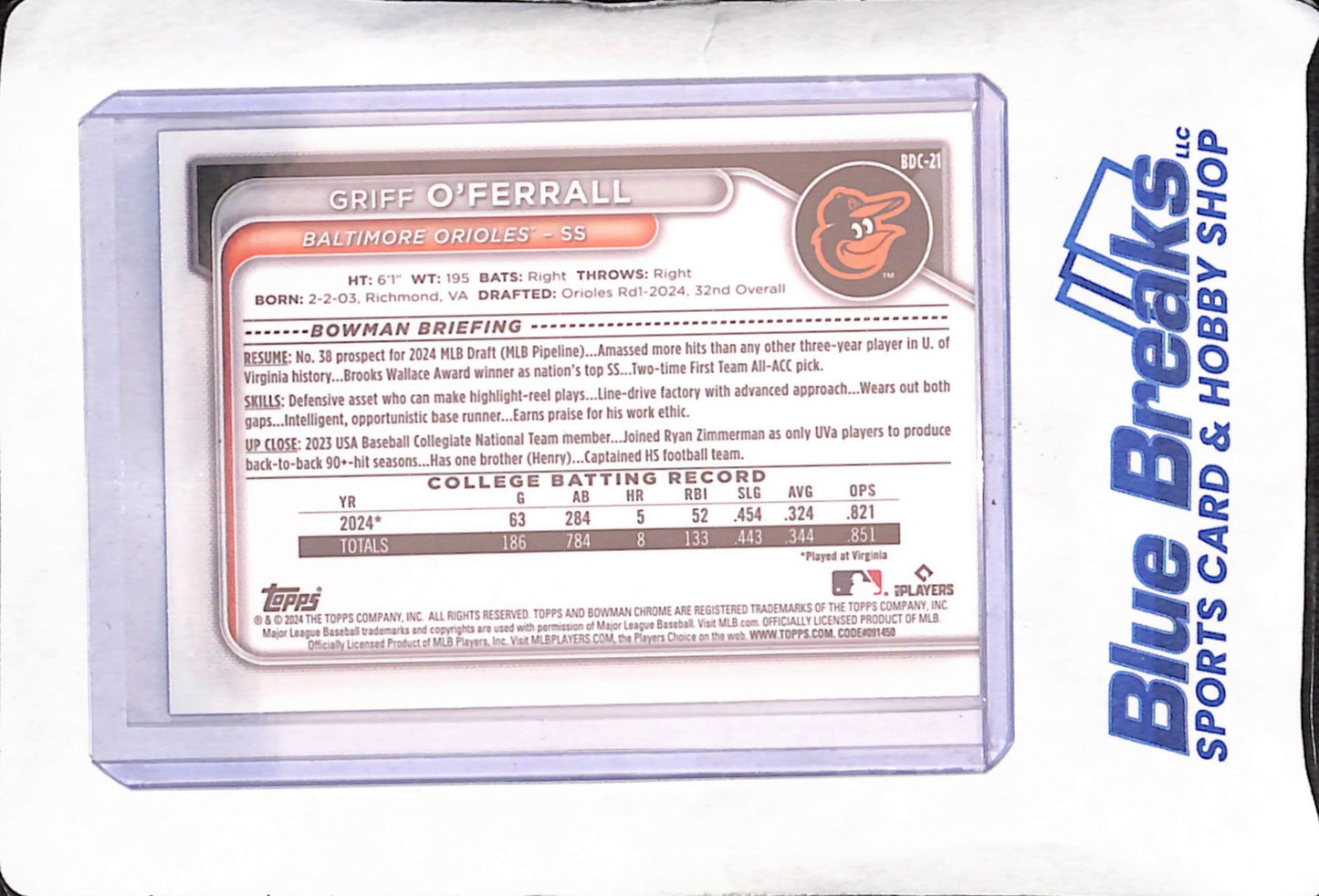 2024 Bowman Draft Chrome - Griff O'Ferrall - Blue 1st Bowman - 34/150 - Baltimore Orioles - Baseball - #BDC-21