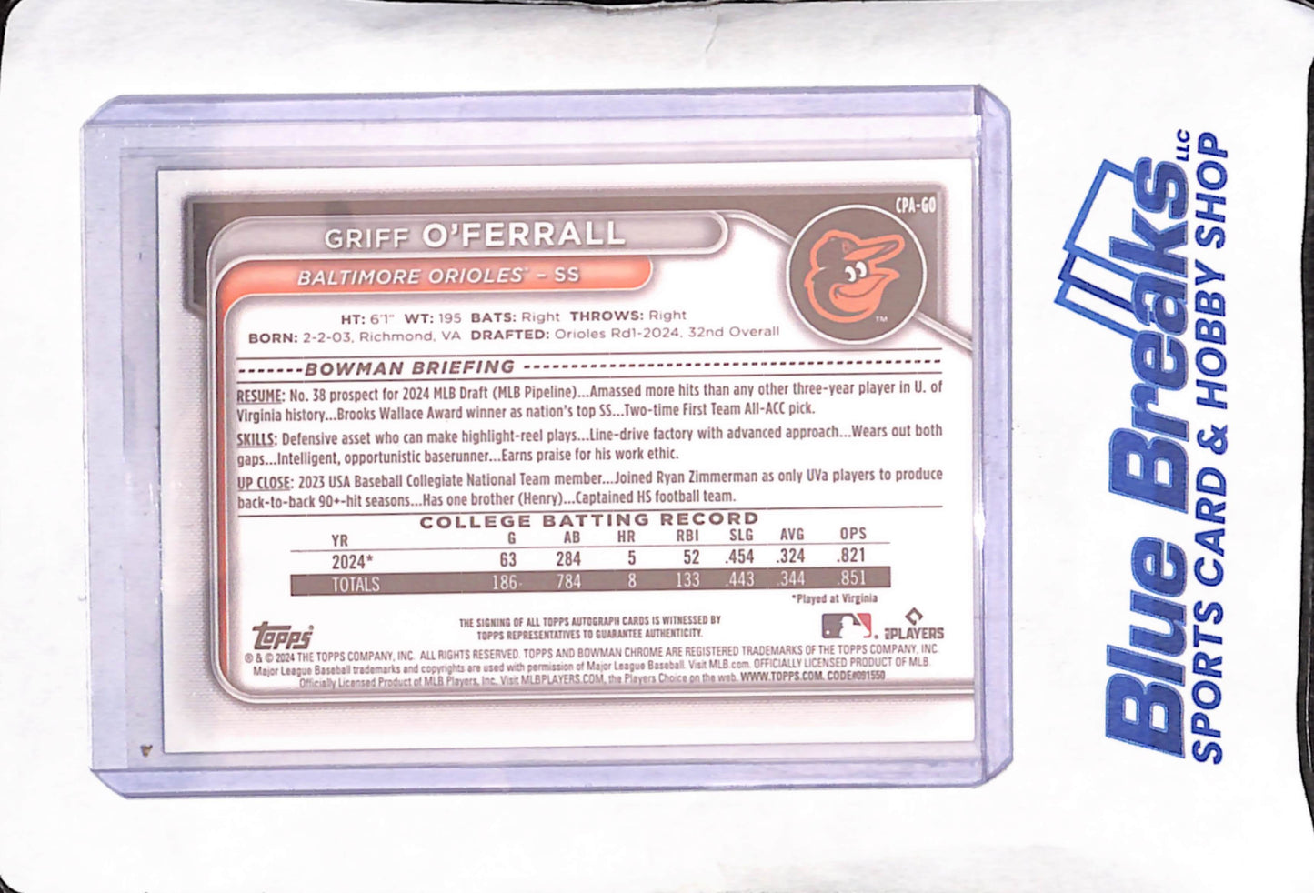 2024 Bowman Chrome - Griff O'Ferrall - Blue Bowman 1st - Autograph - 54/150 - Baltimore Orioles - Baseball - #CPA-GO