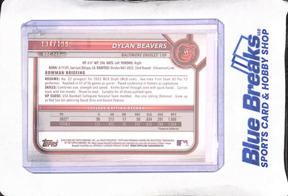 2022 Bowman Draft Chrome - Dylan Beavers - Aqua Wave 1st Bowman - 134/199 - Baltimore Orioles - Baseball - #BDC-160