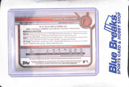 2022 Bowman Chrome - Creed Willems - Yellow Bowman 1st - Autograph - 66/75 - Baltimore Orioles - Baseball - #CPA-CW