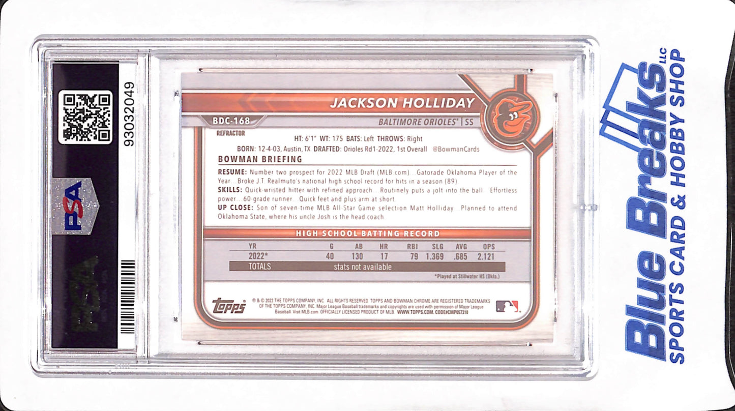2022 Bowman Draft Chrome - Jackson Holliday - 1st Bowman Refractor - PSA 9 - Baltimore Orioles - Baseball - #BDC168