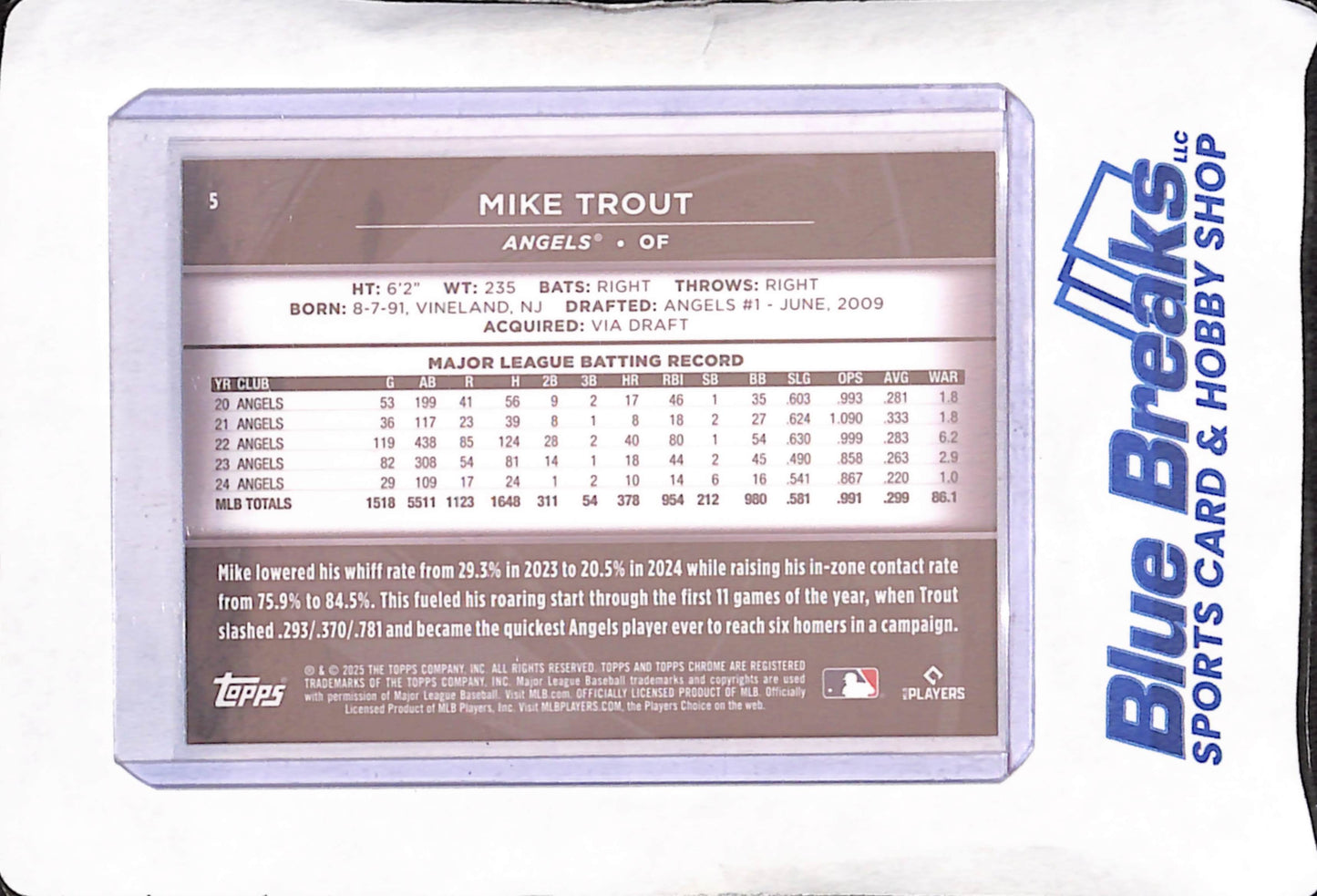 2025 Topps Chrome Black - Mike Trout - Blue - 25/250 - Los Angeles Angels - Baseball - #5