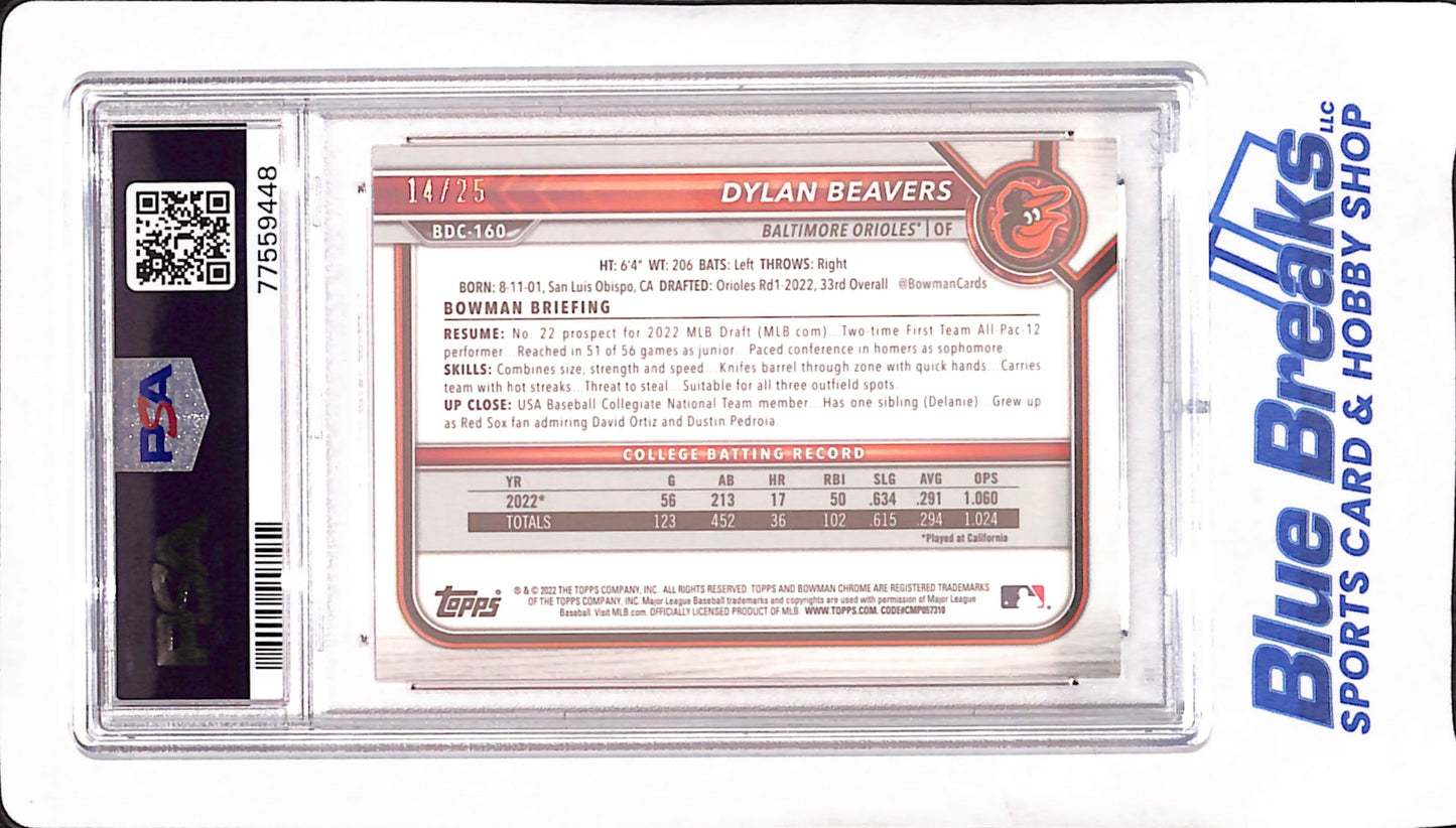 2022 Bowman Draft Chrome - Dylan Beavers - 1st Bowman Orange - 14/25 - PSA 10 - Baltimore Orioles - Baseball - #BDC160