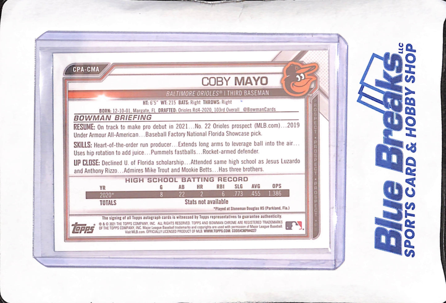 2021 Bowman Chrome - Coby Mayo - 1st Bowman - Autograph - Baltimore Orioles - Baseball - #CPA-CMA