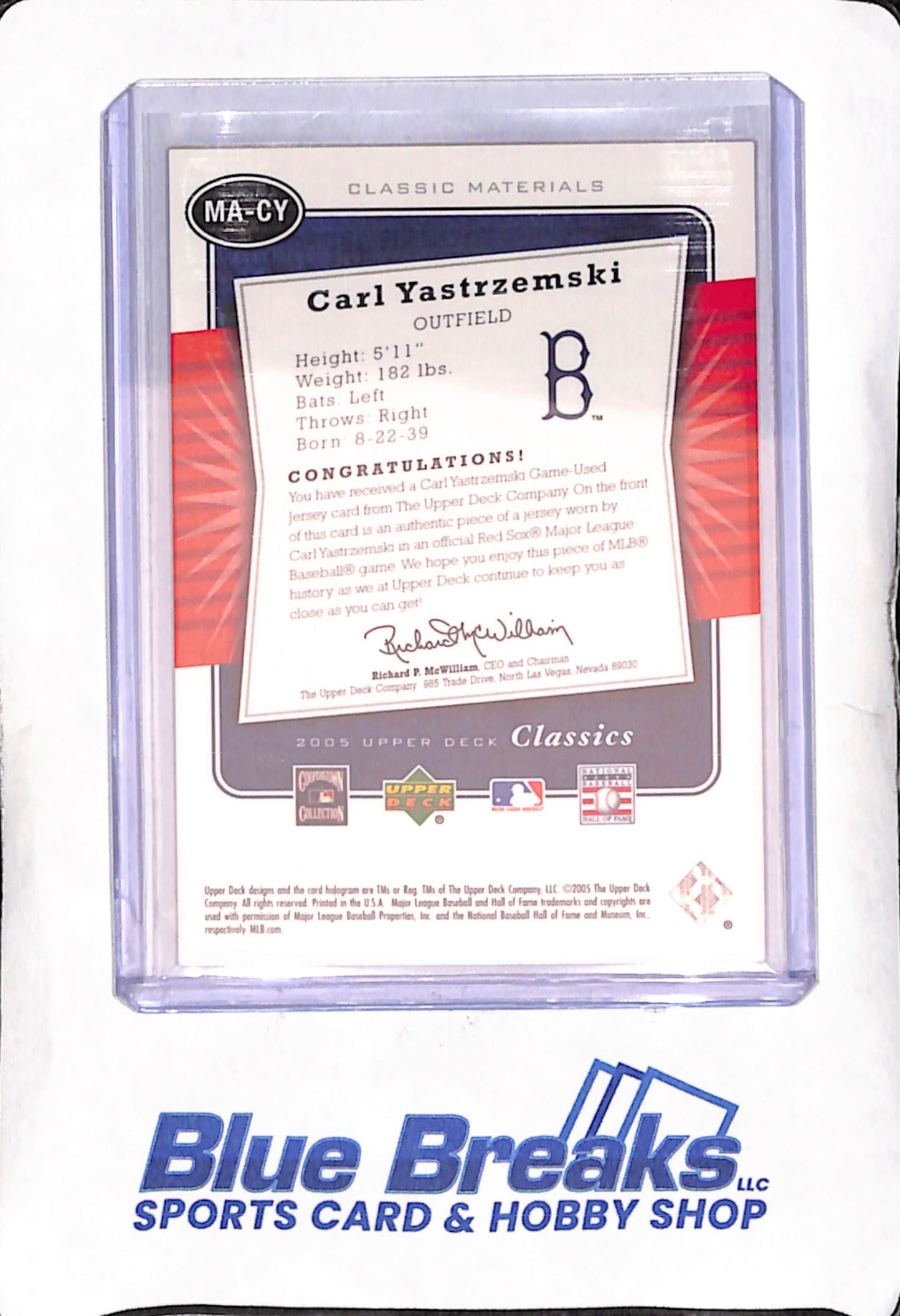 2005 Upper Deck Classics - Carl Yastrzemski - Classic Materials Relic - Boston Red Sox - #MA-CY