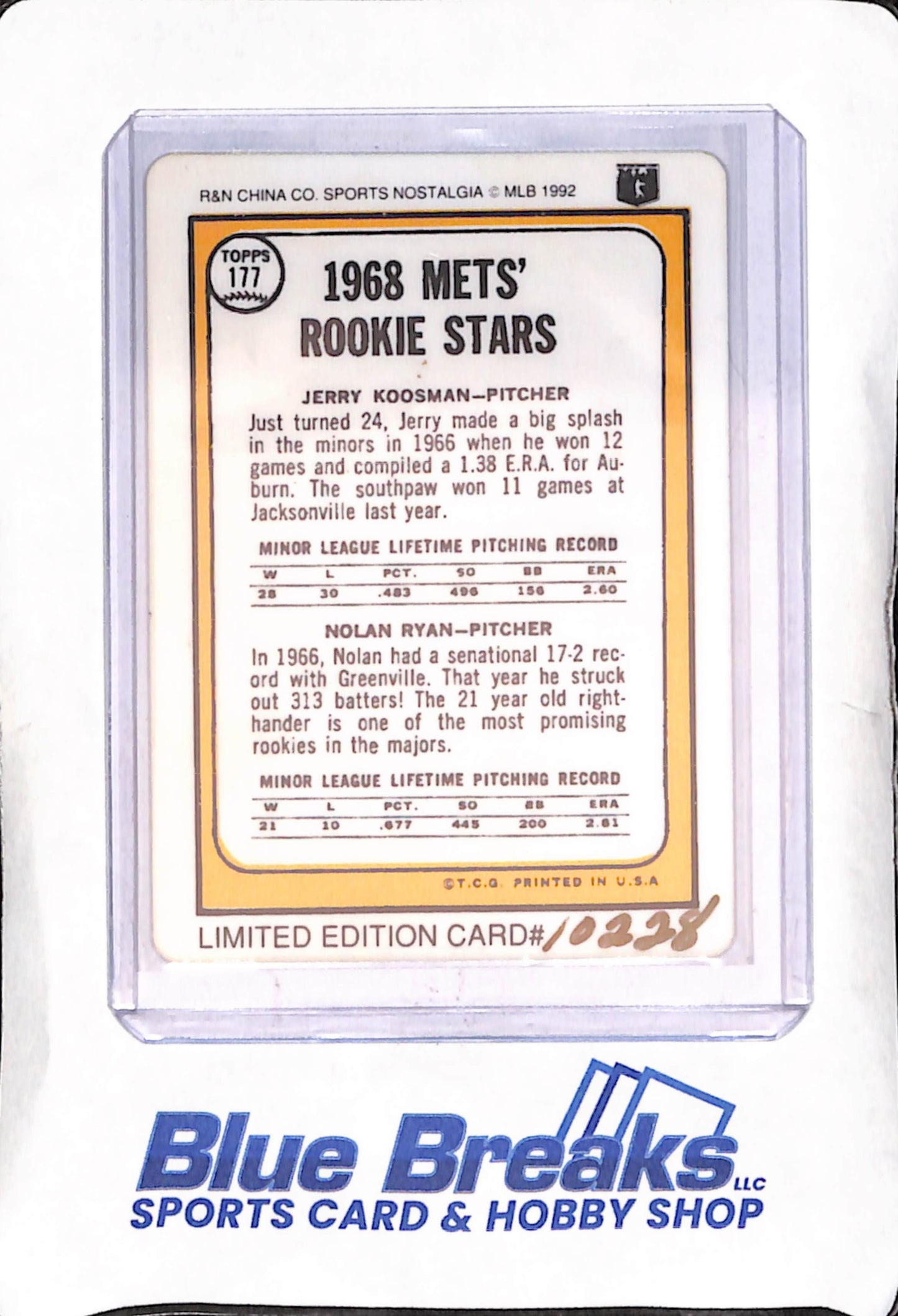 Topps World's Thinnest Porcelain Baseball Card - Nolan Ryan - Jerry Koosman - 1968 Mets' Rookie Stars - New York Mets - reprint - Baseball - #177