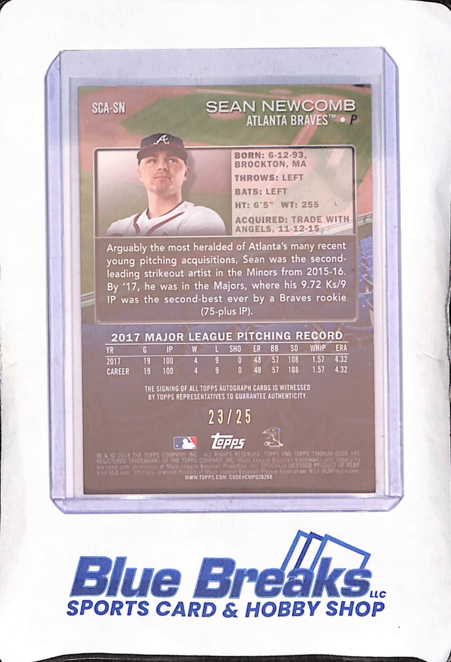 2018 Topps Stadium Club - Sean Newcomb - Autograph - 23/50 - Atlanta Braves - Baseball - #SCA-SN