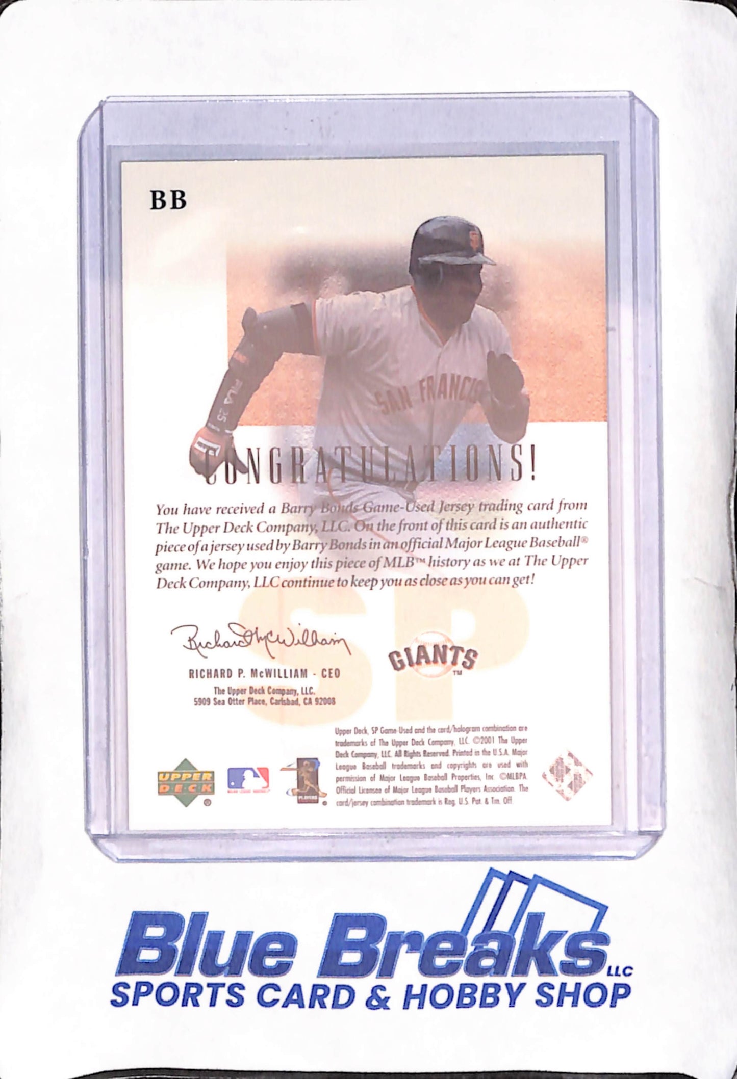 2001 Upper Deck SP Game Used - Barry Bonds - Authentic Fabric - Relic - San Francisco Giants - Baseball - #BB
