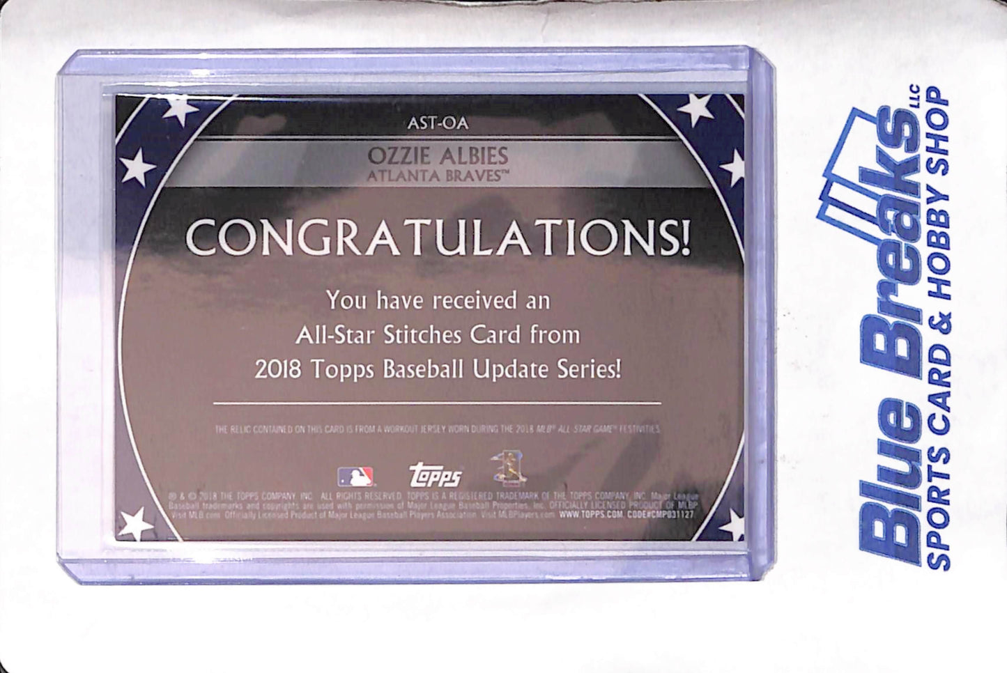 2018 Topps Update - All-Star Stitches - Ozzie Albies - relic - 44/50 - RC - #AST-OA - baseball - Braves