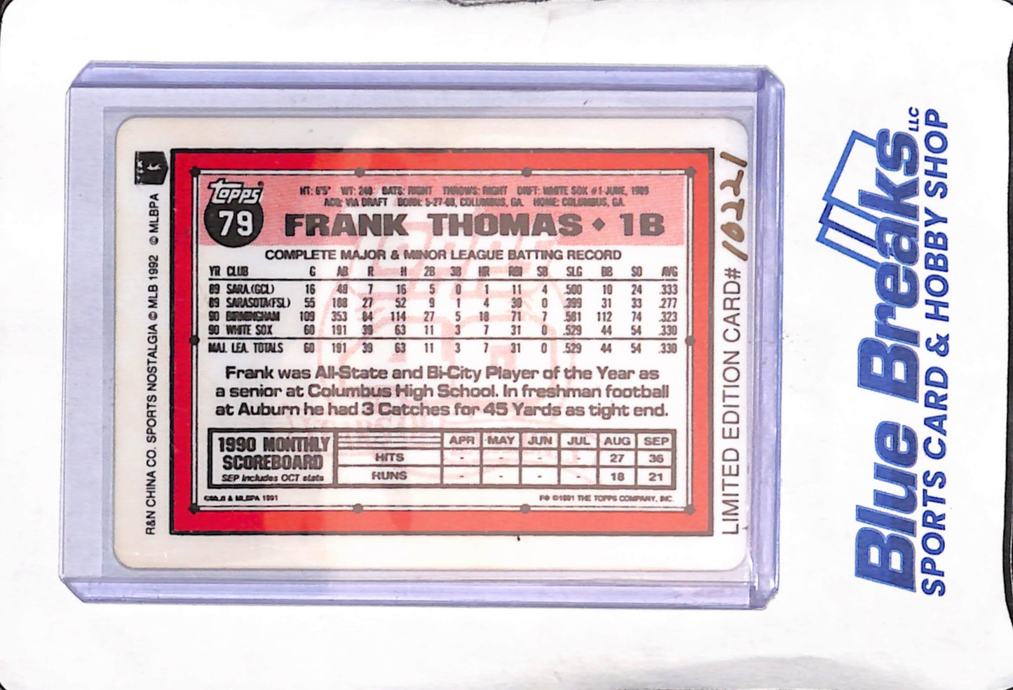 1992 R & N Sports Nostalgia - Topps - Frank Thomas - ceramic - limited /10221 - #79 - baseball - White Sox