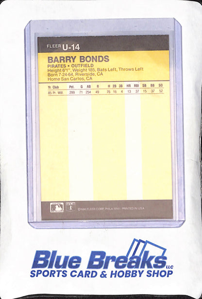 1986 Fleer Update - Barry Bonds - RC - Pittsburgh Pirates - Baseball - #U-14