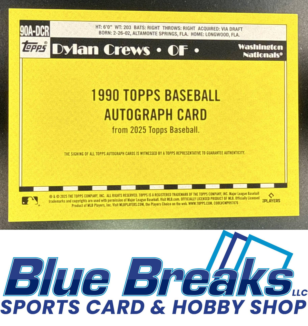 2025 Topps Dylan Crews #90A-DCR 1990 Baseball Auto Series 1 RC Washington Nationals