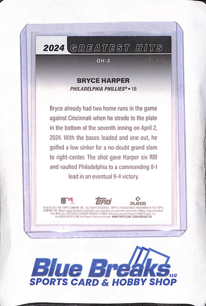 2025 Topps Series One - Bryce Harper - 2024 Greatest Hits 4/2/24 Gold - Grand Slam for 3rd HR of the Game - 5/50 - Philadelphia Phillies - Baseball - #GH-3