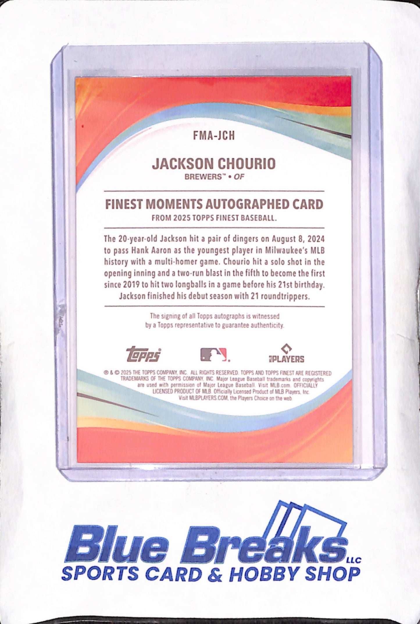 2025 Topps Finest - Jackson Chourio - Moments Autograph - 8/8/2024 - Milwaukee Brewers - Baseball - #FMA-JCH