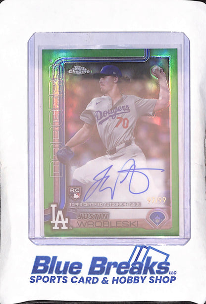 2025 Topps Chrome - Justin Wrobleski - Green Autograph RC- 97/99 - Los Angeles Dodgers - Baseball - #RA-JWR