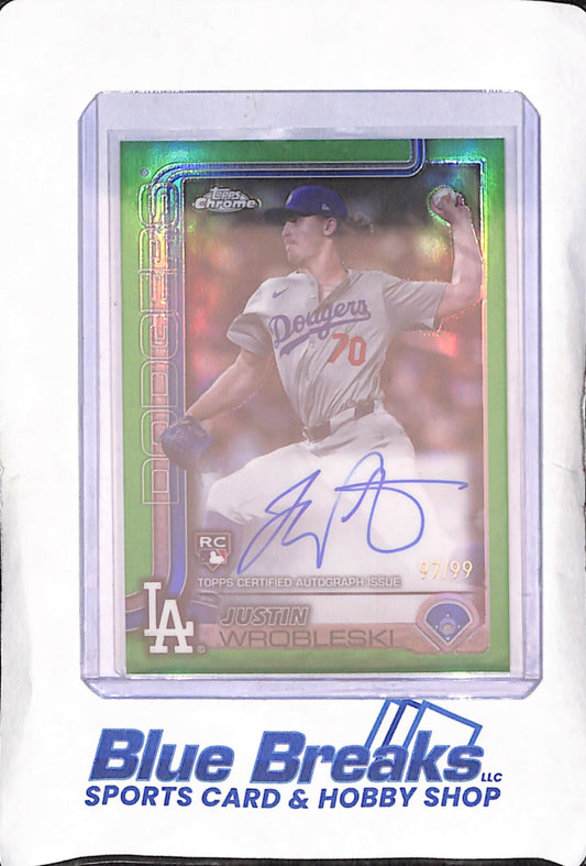 2025 Topps Chrome - Justin Wrobleski - Green Autograph RC- 97/99 - Los Angeles Dodgers - Baseball - #RA-JWR