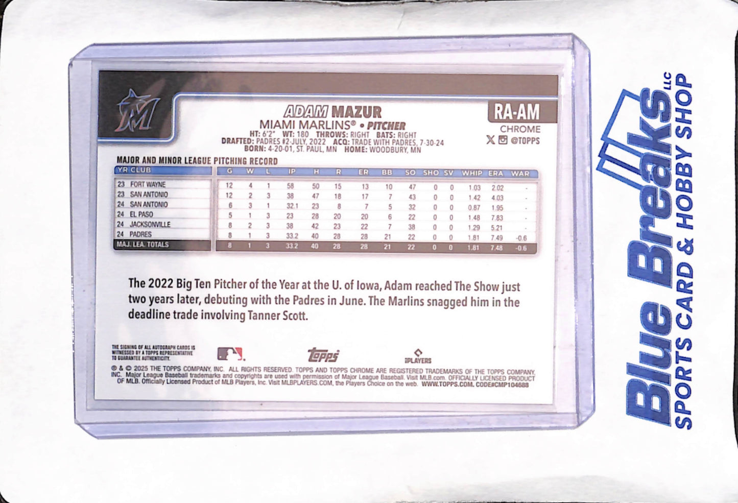 2025 Topps Chrome - Adam Mazur - Purple Sparkle RC Autograph - 91/299 - Miami Marlins - Baseball - #RA-AM