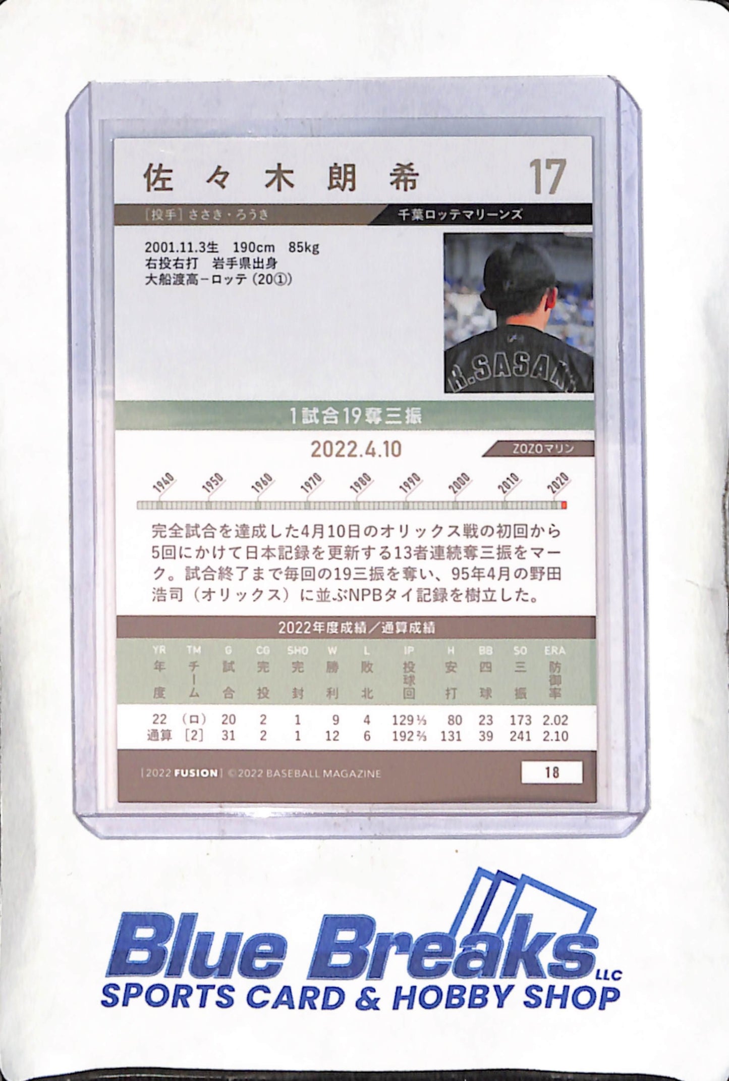 2022 BBM Fusion - Roki Sasaki - 18 - Japanese Baseball - Marines - Dodgers