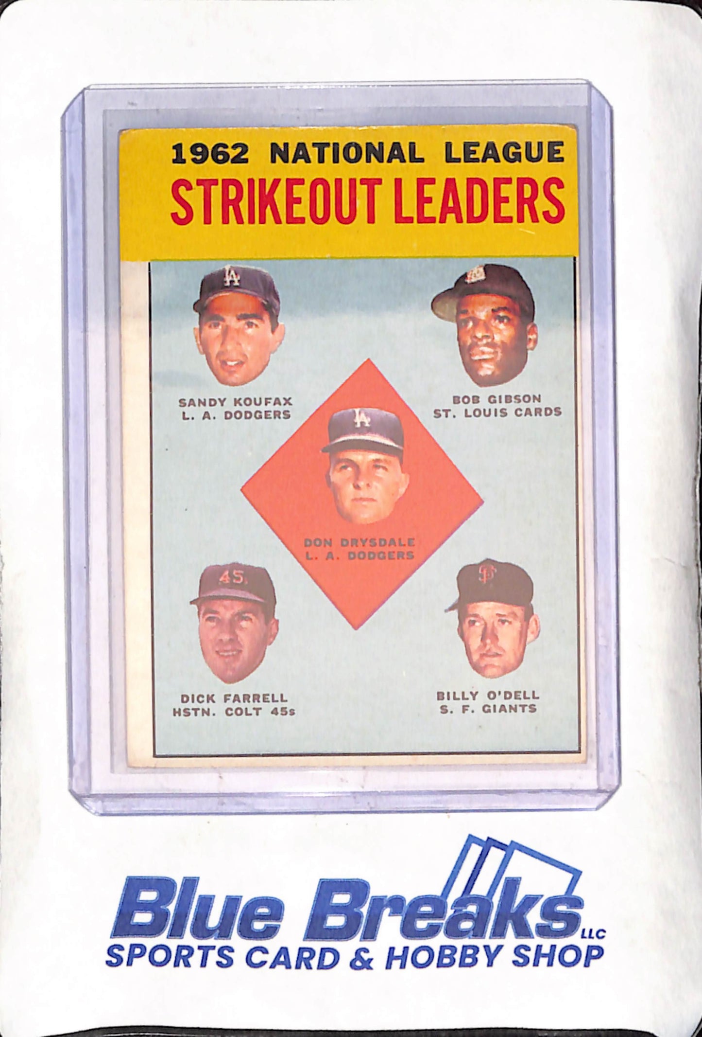 1963 Topps - 1962 Strikeout Leaders - Sandy Koufax - Bob Gibson - Don Drysdale - Dick Farrell - Billy O'Dell - Los Angeles Dodgers - St Louis Cardinals - San Francisco Giants - Houston Colt 45s - Baseball - #9