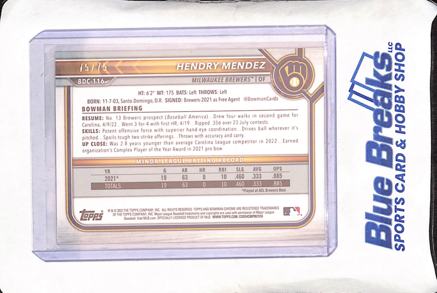 2022 Bowman Chrome - Hendry Mendez - Milwaukee Brewers - 75/75 - Baseball - #BDC-116