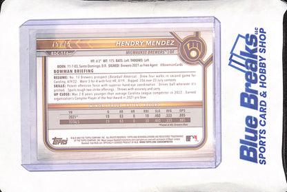 2022 Bowman Chrome - Hendry Mendez - Milwaukee Brewers - 75/75 - Baseball - #BDC-116