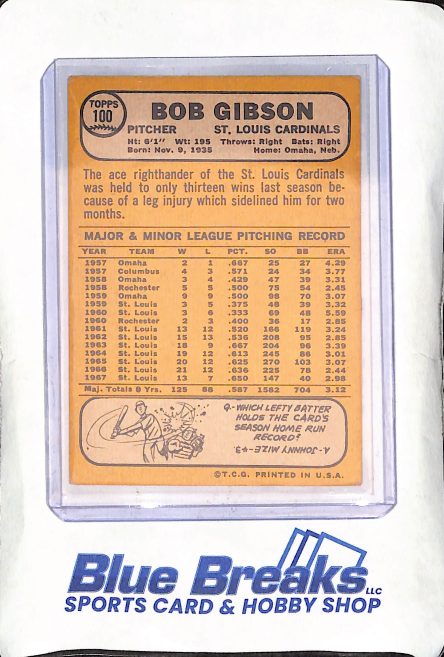 1968 Topps - Bob Gibson - St Louis Cardinals - Baseball - #100