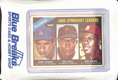 1966 Topps - 1965 National League Strikeout Leaders - Sandy Koufax - Bob Veale - Bob Gibson - Los Angeles Dodgers - Pittsburgh Pirates - St Louis Cardinals - Baseball - #225