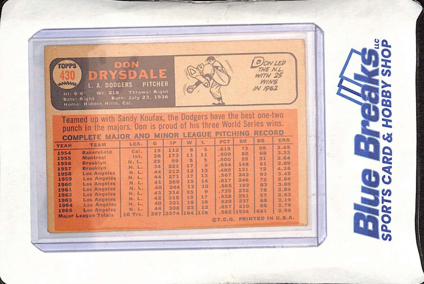 1966 Topps - Don Drysdale - Los Angeles Dodgers - Baseball - #430