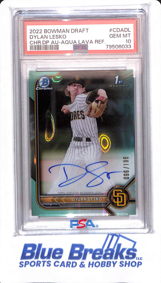 2022 Bowman Draft - Dylan Lesko - # CDADL - San Diego Padres - PSA 10 - Baseball - Chrome Aqua Lava Autographed - 096/199