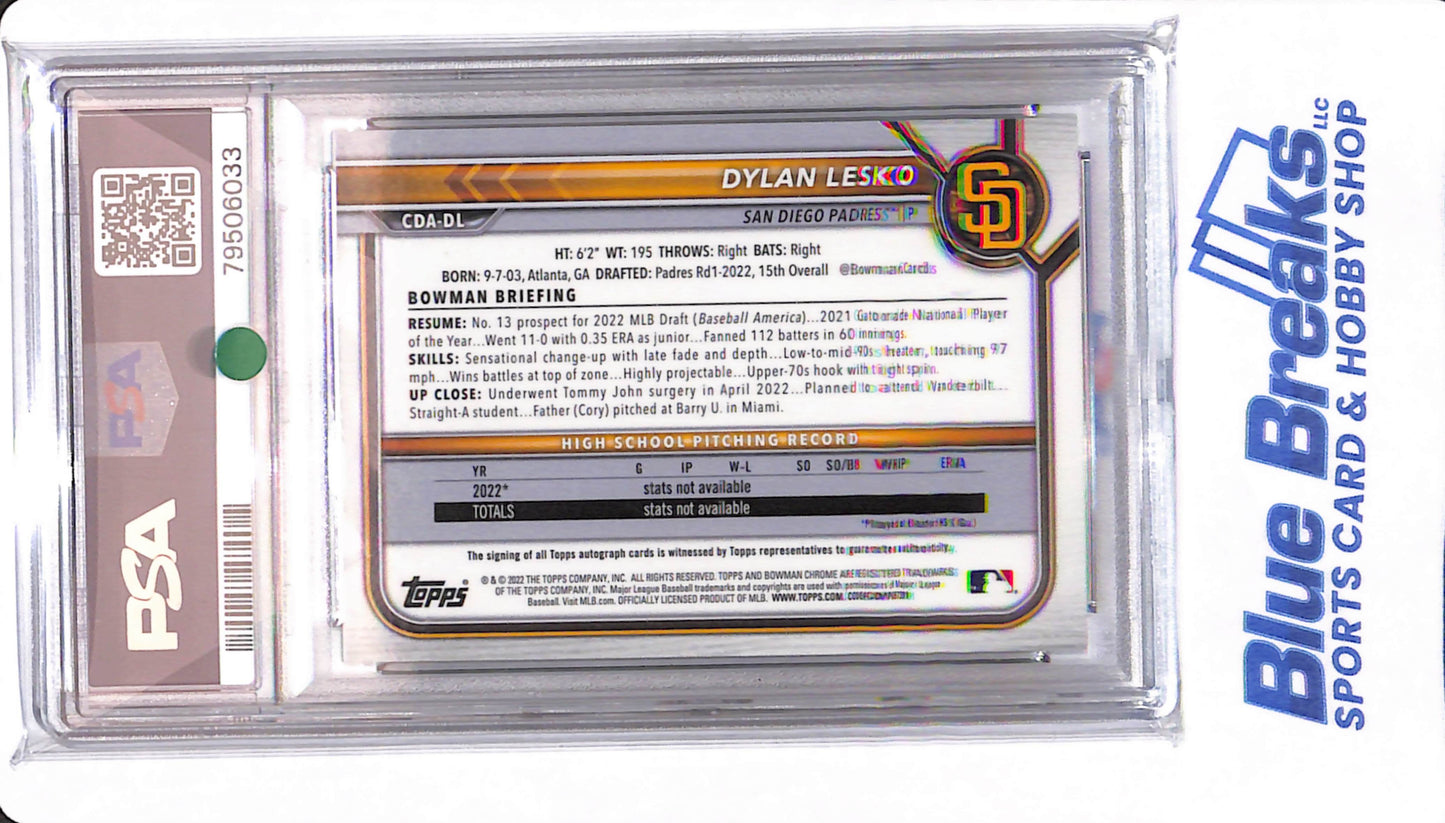 2022 Bowman Draft - Dylan Lesko - # CDADL - San Diego Padres - PSA 10 - Baseball - Chrome Aqua Lava Autographed - 096/199