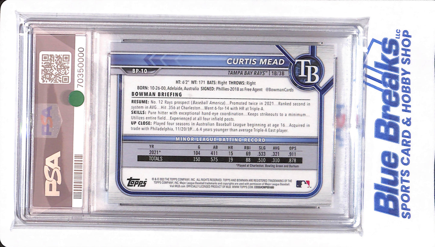 2022 Bowman - Curtis Mead - # BP10 - PSA 10 - Tampa Bay Rays - Baseball - Paper Sky Blue - 200/499