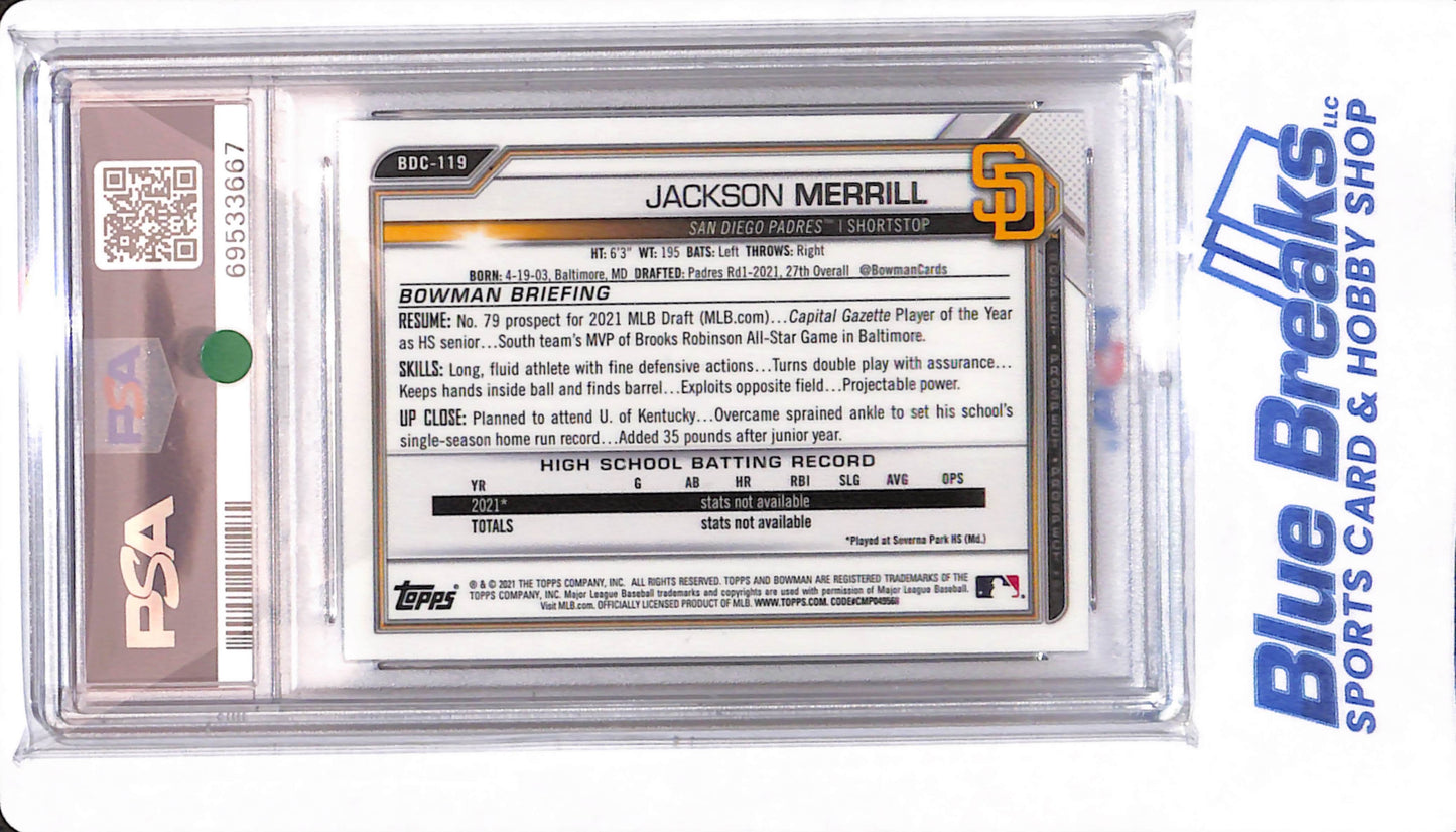 2021 Bowman Draft - Jackson Merrill - # BDC119 - PSA 9 - San Diego Padres - Baseball - Chrome