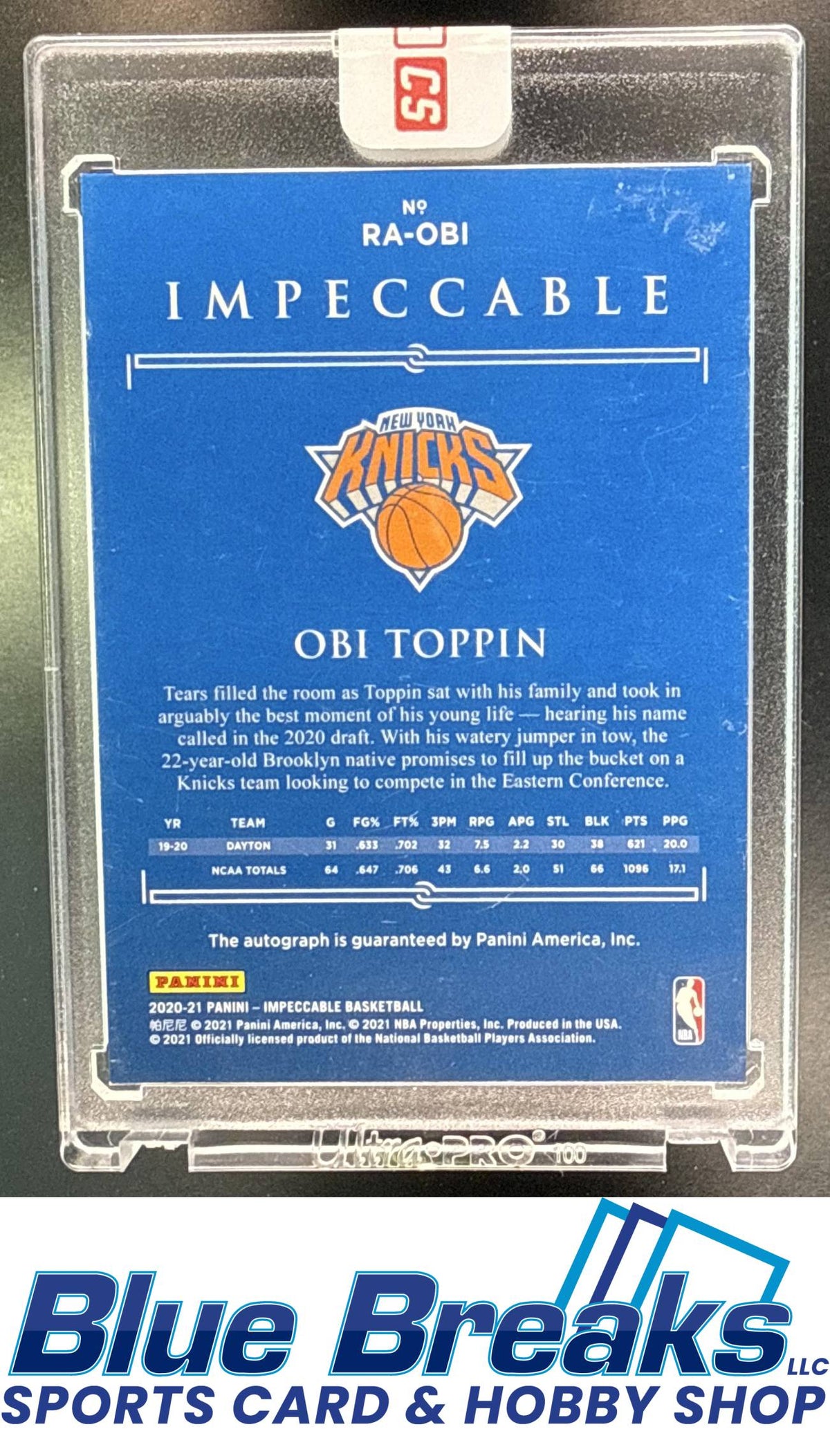 2020 Panini Impeccable Obi Toppin #RA-OBI Rookie Auto 50/99 RC New York Knicks