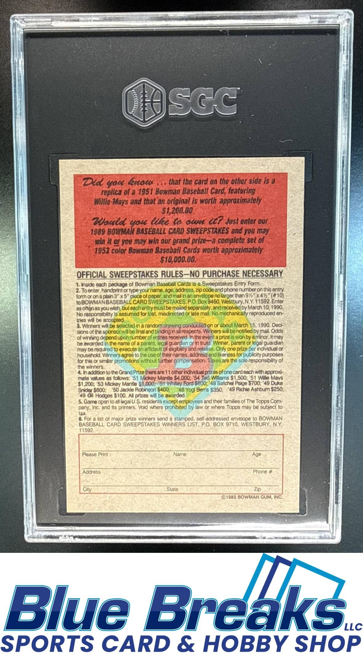 1989 Bowman Reprint Sweepstakes Willie Mays SGC 9 San Francisco Giants