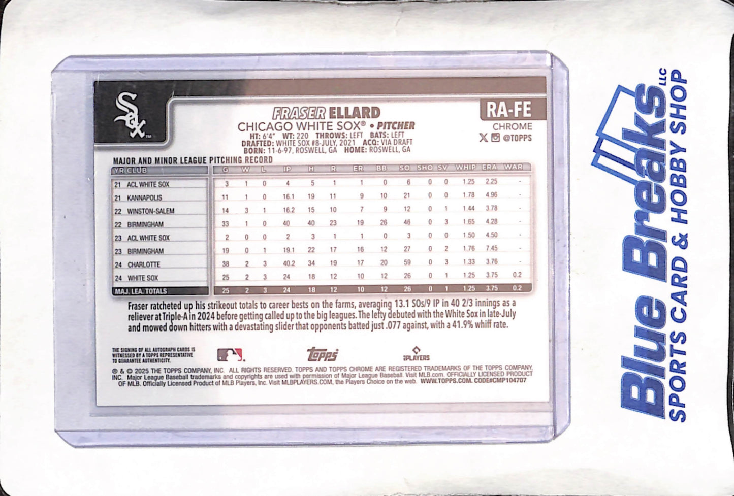 2025 Topps Chrome - Fraser Ellard - Autograph - 10/10 - RC - Chicago White Sox - Baseball - #RA-FE